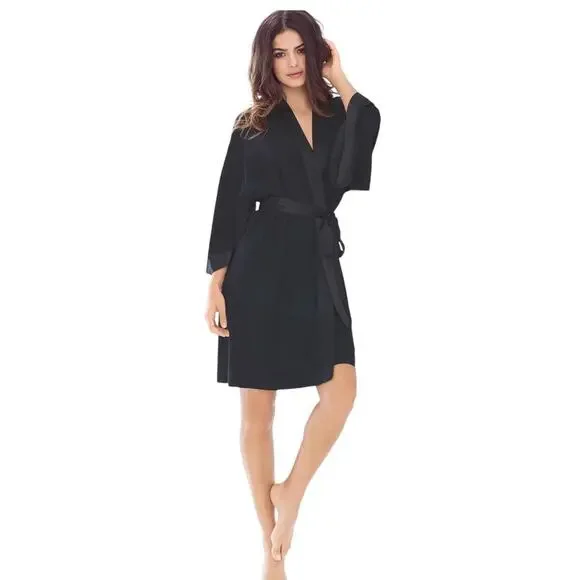 SOMA Black Sheer Chiffon Satin Sleeves Short Robe Kimono SZ L/XL Sensual Classic